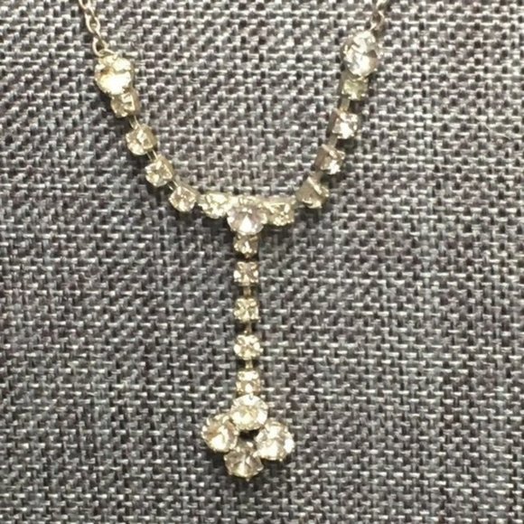 Rhinestone Y Drop Necklace Silver Chain Bling Glam - Picture 1 of 6